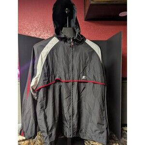 Vintage 90s Starter Jacket Size XL Windbreaker Full Zip Hooded Black Gray Red